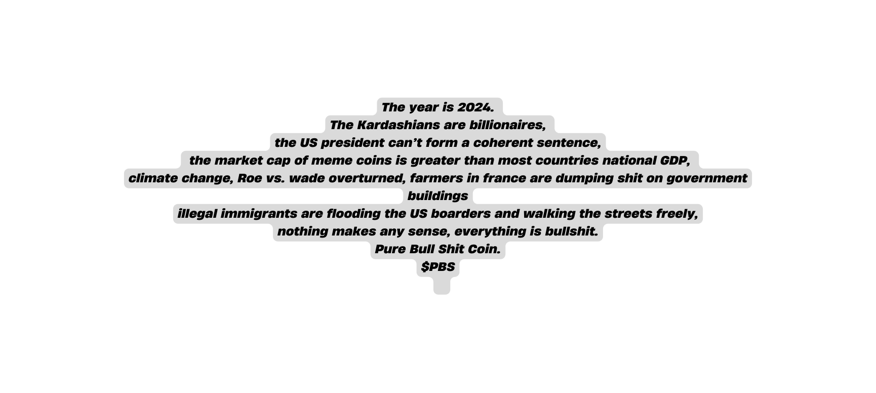 The year is 2024 The Kardashians are billionaires the US president can t form a coherent sentence the market cap of meme coins is greater than most countries national GDP climate change Roe vs wade overturned farmers in france are dumping shit on government buildings illegal immigrants are flooding the US boarders and walking the streets freely nothing makes any sense everything is bullshit Pure Bull Shit Coin PBS